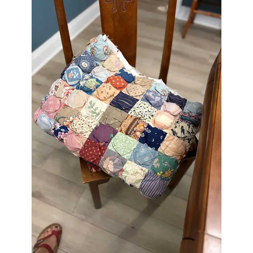 Vintage YoYo/ Biscuit Hand Made Unfinished Quilt 35”x70”